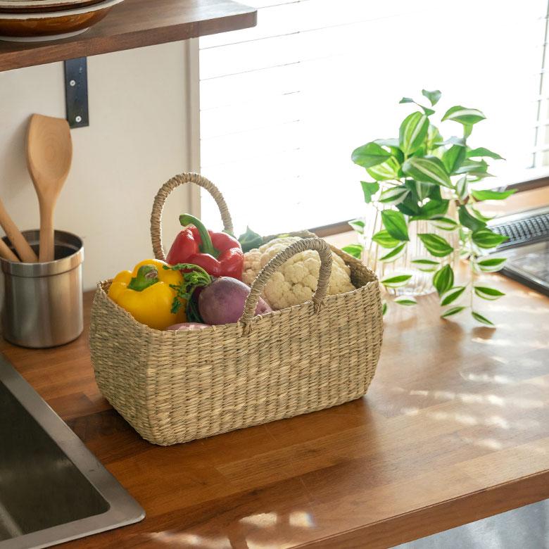 バスケット かご トートバッグ 収納 おしゃれ かごバスケット 取っ手 持ち手 ブラウン ベージュ トートバスケット カゴ 籠 自然 かごバッグ vn50576 | ELEMENTS（インテリア） | 01