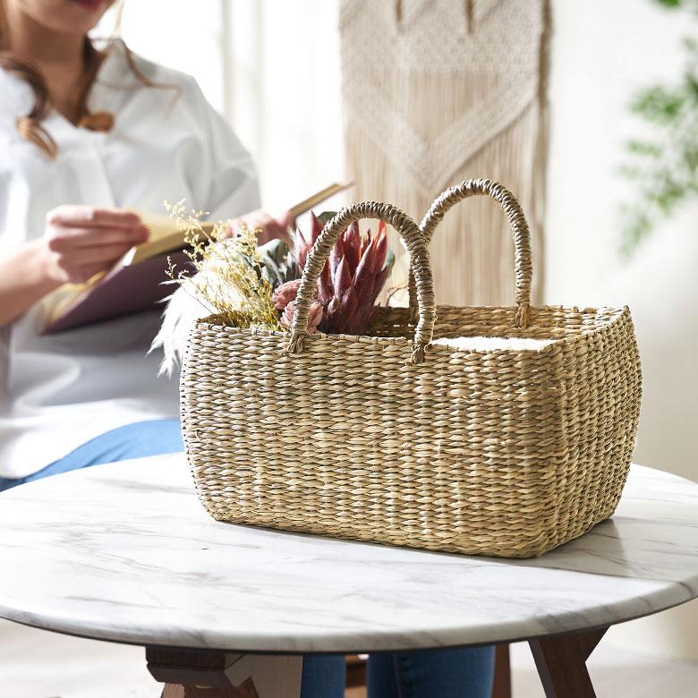 バスケット かご トートバッグ 収納 おしゃれ かごバスケット 取っ手 持ち手 ブラウン ベージュ トートバスケット カゴ 籠 自然 かごバッグ vn50576 | ELEMENTS（インテリア） | 02