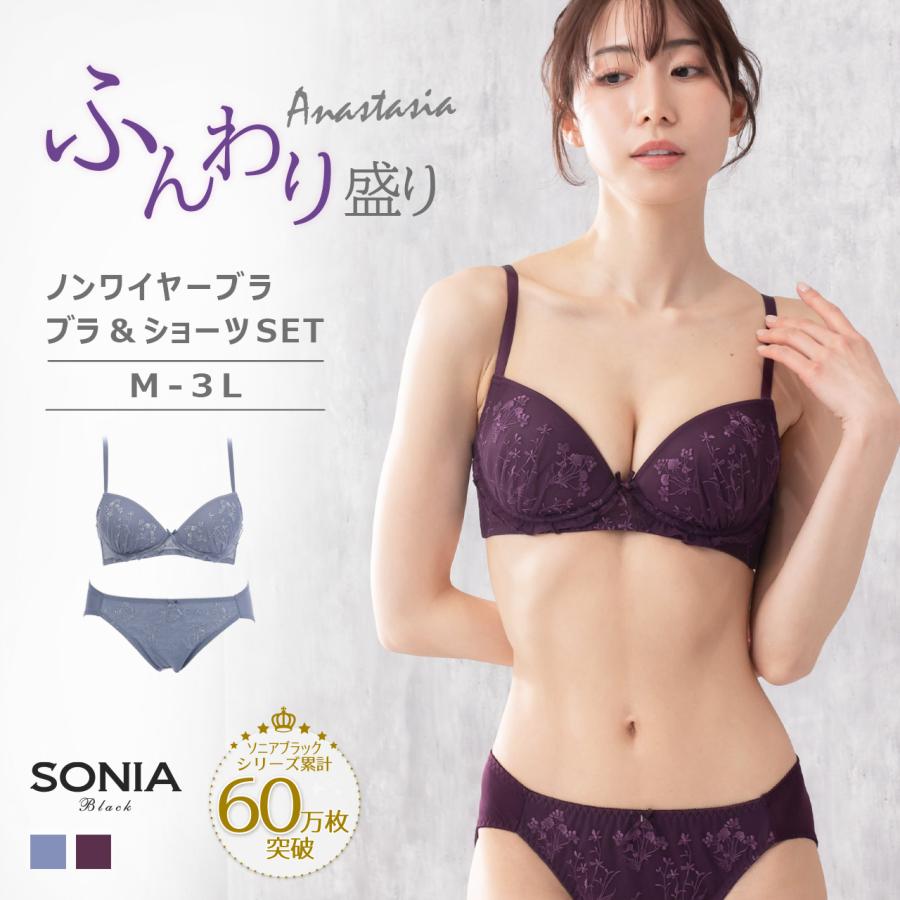 ノンワイヤーブラジャー ショーツセット M〜3L アナスタシア ソニアブラック ノンワイヤー 盛れる 上下セット 小さい 女性 下着 レディース エレーヌ elene | SONIA BLACK