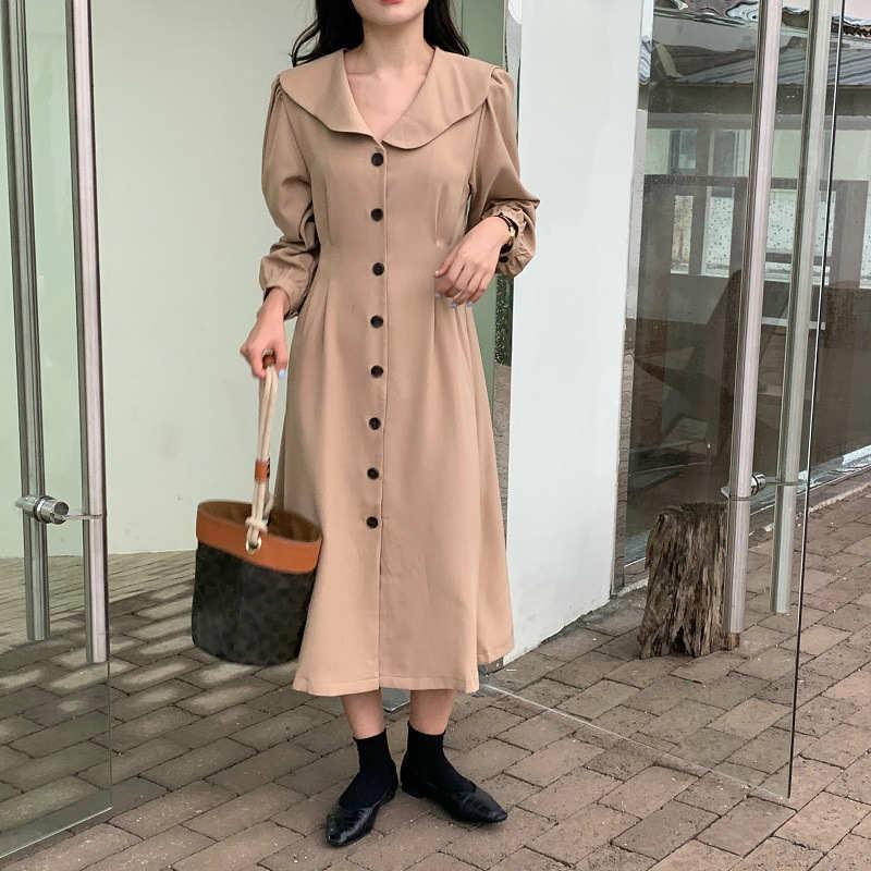 レディース 韓国ファッション ワンピース シャツワンピ レトロ 長袖 ミモレ丈 膝下丈 ハイウエスト キュート フェミニン 学生 デート 清楚 おしゃれ デイリー 17春夏新色
