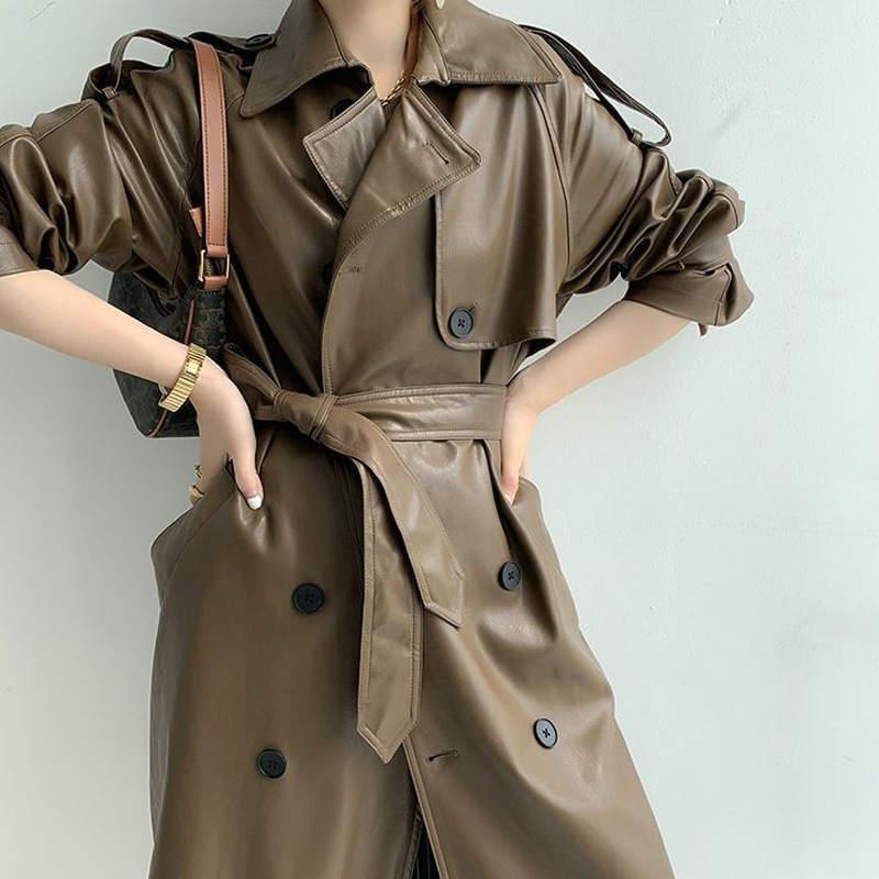 レディース 韓国ファッション Puレザー トレンチコート ロングコート ウエストローブ アウター キレカジ クール 大人かっこいい 大人女子 長袖 チック エレガ 21fele81 エルネフジャパン 通販 Yahoo ショッピング