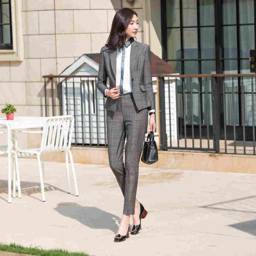 レディース 韓国ファッション 3点セット スーツ チェック柄 ジャケット ブラウス パンツ 上品 オフィス ミニスカート ビジネス 当社の Or 大人 かっこいい お仕
