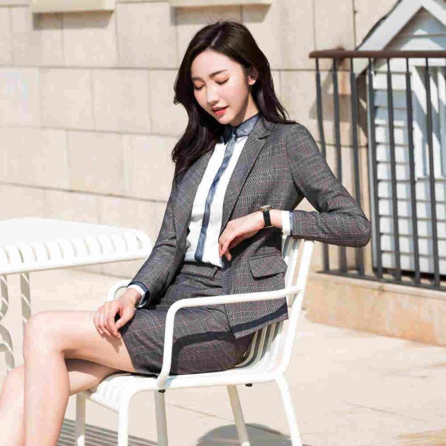レディース 韓国ファッション 3点セット スーツ チェック柄 ジャケット ブラウス パンツ 上品 オフィス ミニスカート ビジネス 当社の Or 大人 かっこいい お仕