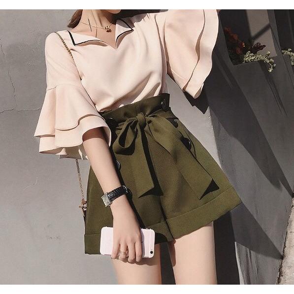 レディース セットアップ 半袖 カットソー フリル袖 キュロット  