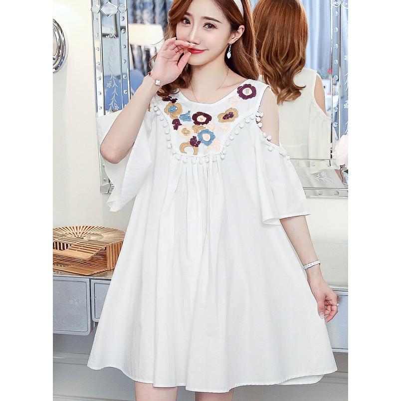 熱販売 刺繍 ショルダーカット 肩見せ オープンショルダー ワンピース 大きいサイズ 韓国ファッション レディース 花柄 ボリュームスリーブ 裾広がりスリーブ フレア ワンピース サイズ 2xl Www We Job Com