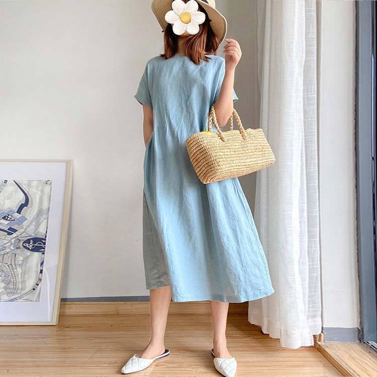 リネンワンピース レディース ワンピース 綿麻 ロングワンピース 体型カバー 春 夏 クルーネック 麻混 半袖 ゆったり ロングワンピ ナチュラル 無 新発売