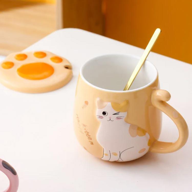 マグカップ 蓋つき 猫 可愛い 陶器 コップ スプーン付き 北欧 コーヒーカップ 猫好き ケース付き 女の子 男の子 友達 母の日 誕生日 退職祝い｜elevenoneshop｜02