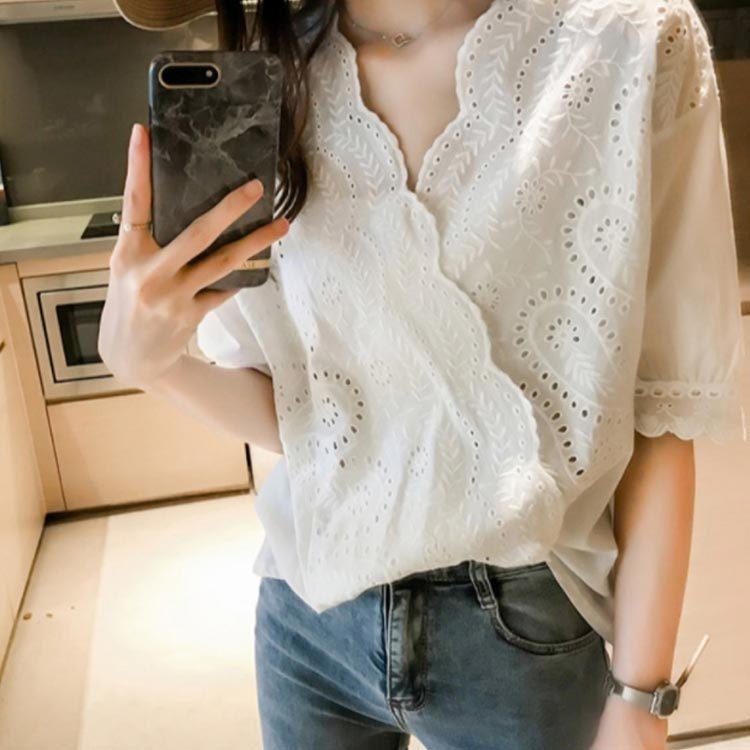 ブラウス レディース レース 刺繍 カットワーク 五分袖 半袖 透け感