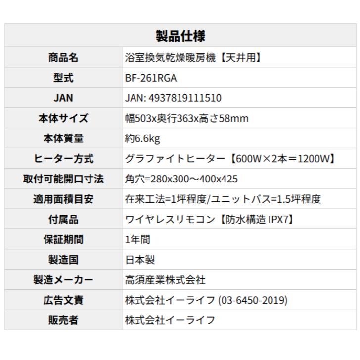 工事費込 高須産業 BF-261RGA 天井用 浴室換気乾燥暖房機 1年保証