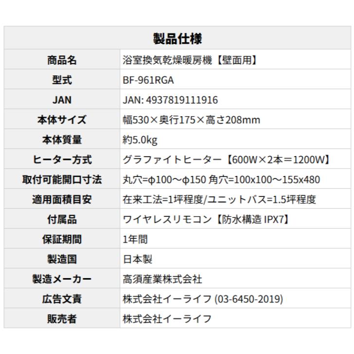 工事費込 高須産業 BF-961RGA 壁面用 浴室換気乾燥暖房機 1年保証