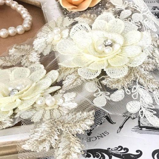 モチーフレース 立体フラワー 花 レースアップリケ ストーン付き