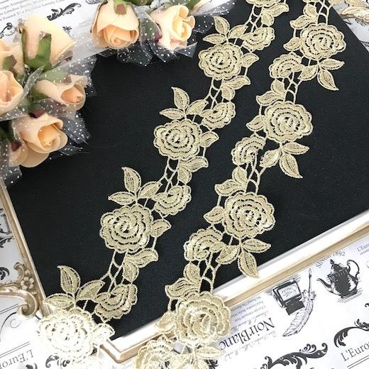 レース リボン 手芸 ゴールド 花柄 バラ ケミカルレース 金色 衣装