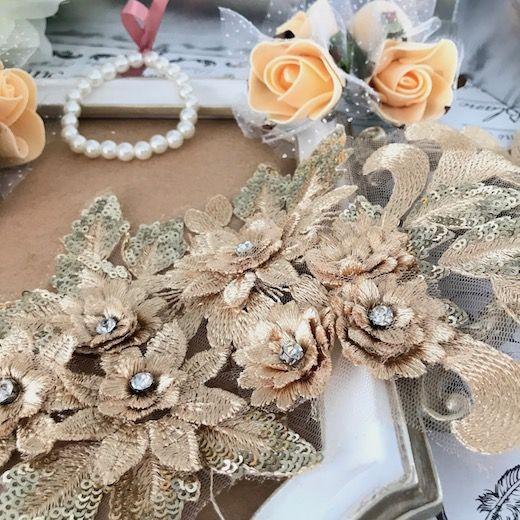 モチーフ スパンコールモチーフ 金色 チュールモチーフ 花 3D  