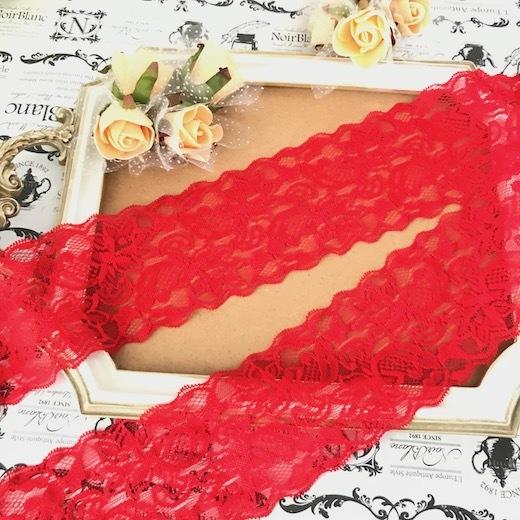 レース リボン 手芸 幅広 花レース 花柄 レッド ストレッチレース 伸縮