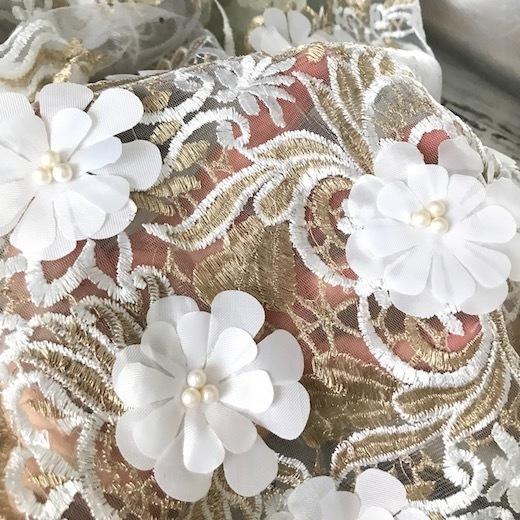 レース 幅広い リボン 手芸 ホワイト ゴールド 花 チュールレース 衣装