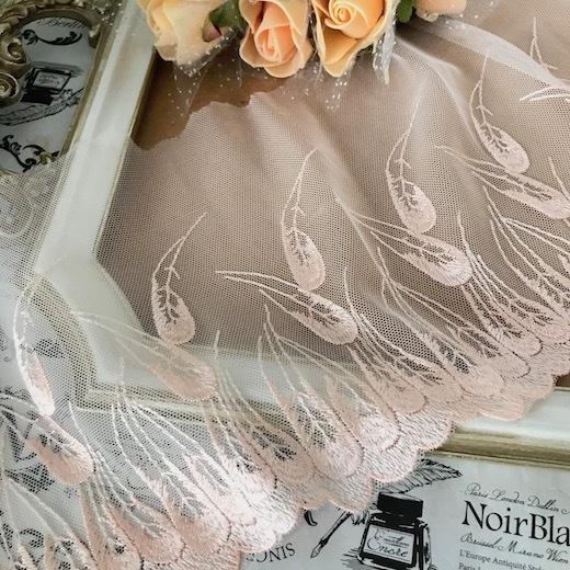 レース 手芸 幅広 フェザー模様 羽模様 ピンク系 刺繍 リボン 飾り