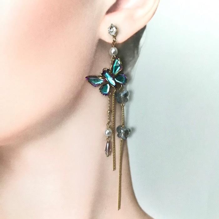 ピアス ラインストーンピアス 衣装 蝶々 ロング イヤリング
