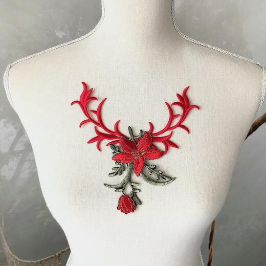 アップリケ レッド ネックライン 花 モチーフ 刺繍ワッペン レオタード