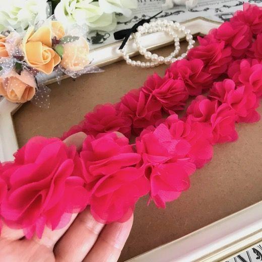 リボン レース 花 立体感 ブレード シフォン ピンク ローズ