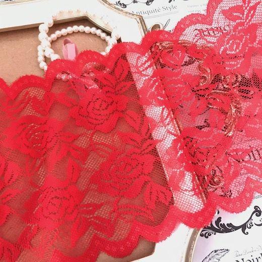 レース 幅広い 花柄 ストレッチレース 赤 伸縮性 リボン 手作り 飾り