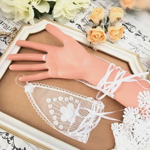 フィンガーレスグローブ 手袋 白 レース グローブ ストーンつき 花柄 