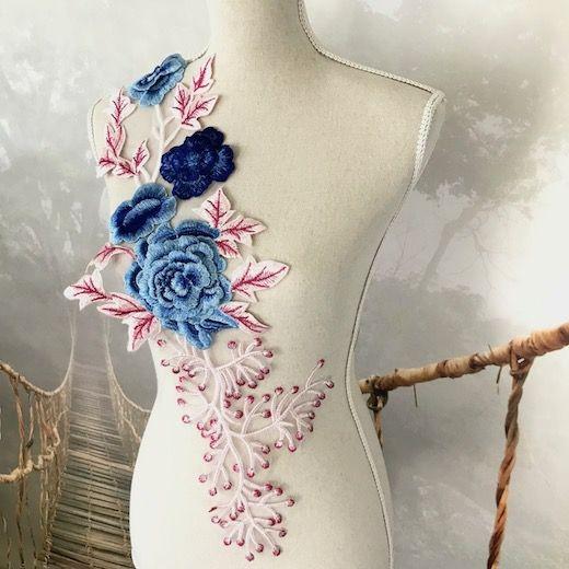 バラ モチーフレース 3D 立体的 青 刺繍 衣装 装飾 ハンドメイド ダンス |  | 03
