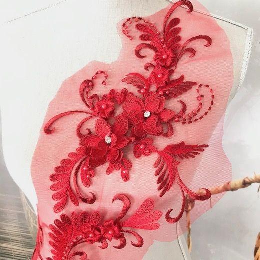 特大レース レッド 赤 立体的 3D ストーン付 チュール レース 新体操