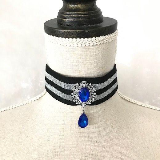 チョーカー ネックレス ビジュー付き ブルー 黒 首輪 イベント 