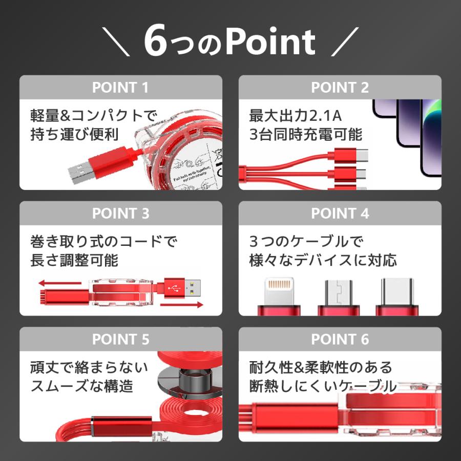 充電ケーブル 3in1 急速 巻き取り iPhone type-c リール pd Android リール式 急速充電ケーブル 1m おしゃれ かわいい Lightning MicroUSB対応 |  | 01