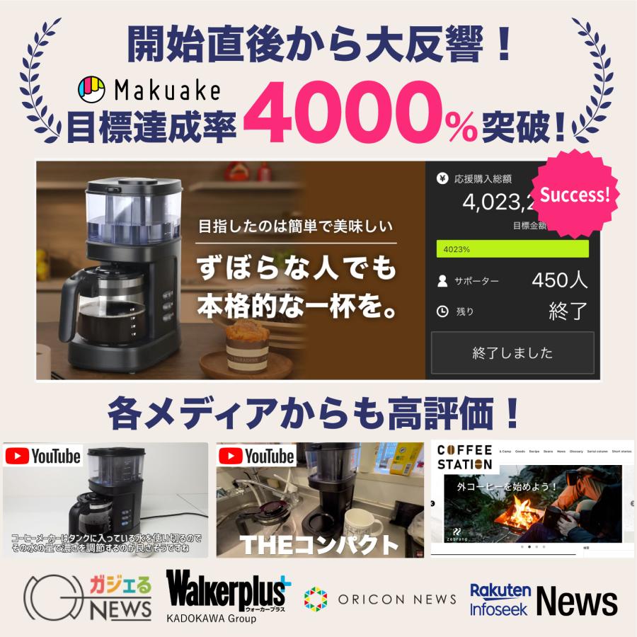 コーヒーメーカー 全自動 ミル付き マクアケ4000%達成! ずぼらな人でも本格的な1杯を ミル付き全自動 豆 粉 両対応 最大4杯 コーヒーマシン コーヒーメーカー 全自動 ミル付き マクアケ4000%達成! ずぼらな人でも本格的な1杯を ミル付き全自動 豆 粉 両対応 最大4杯 コーヒーマシン