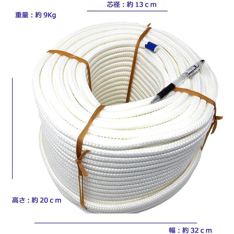 16打ち　ポリエステル　フィラメント　100M　太紐　(12ｍｍ　（ホワイト）)　ロープ