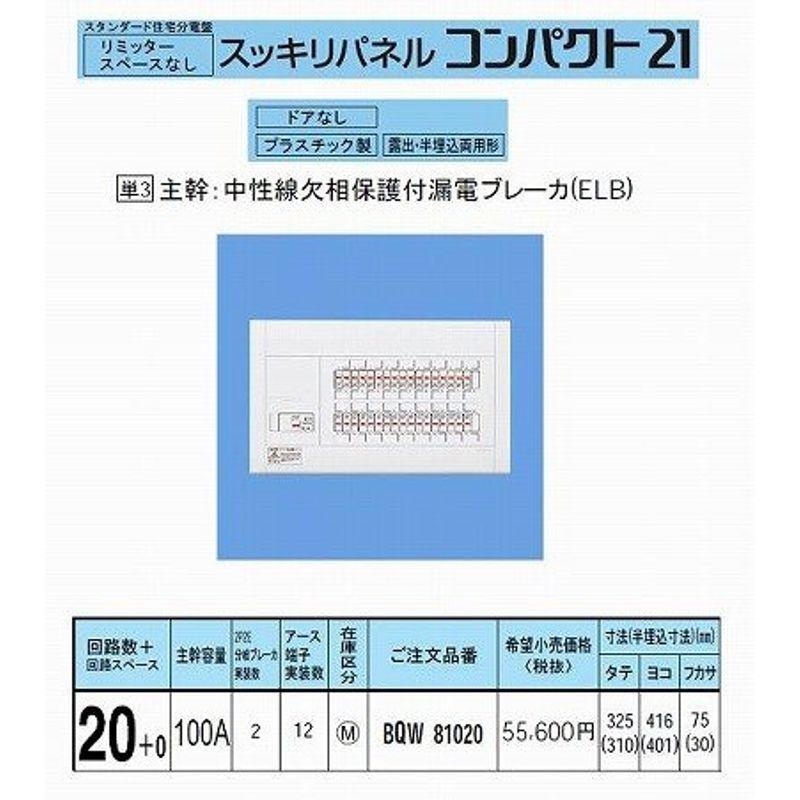 パナソニック スッキリパネル21 標準タイプ リミッタースペースなし 100A20 BQW81020