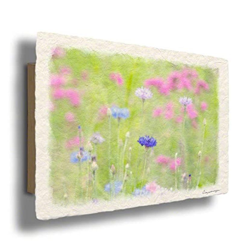 送料無料 緑の中のヤグルマギク 青 花 春 パネル アート 和紙 48x33cm 掛 壁
