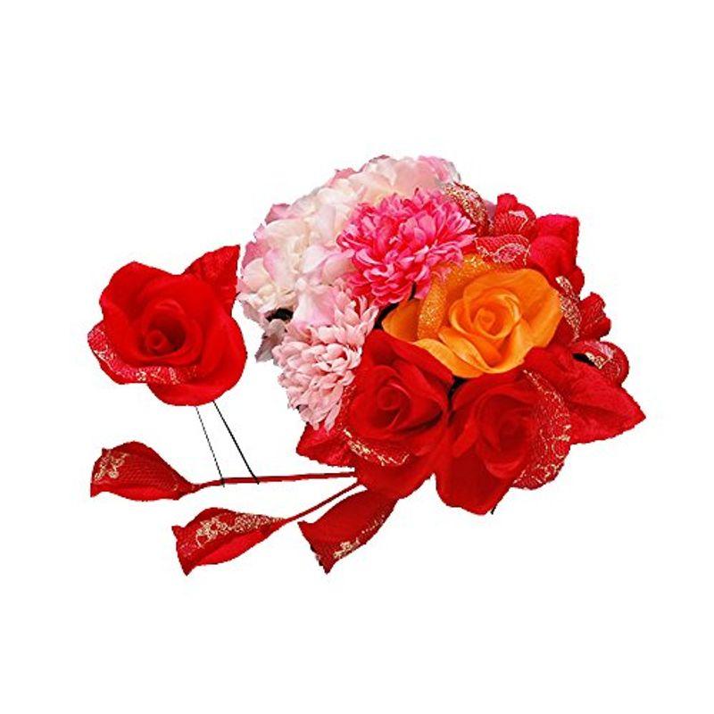 バラmixブーケ 髪飾り 赤 かんざし 2点セット 赤 浴衣 レッド 卒業式 成人