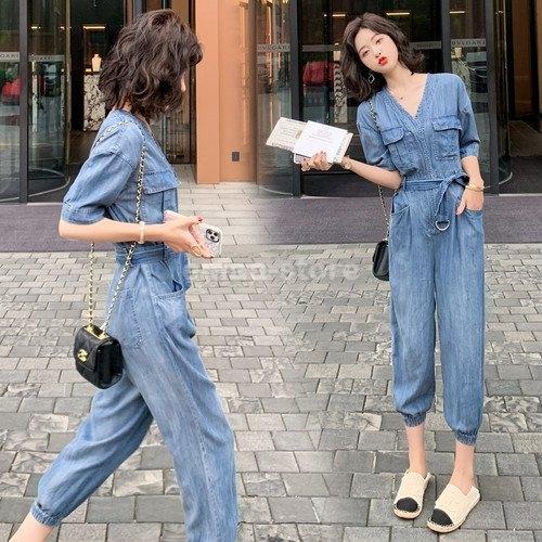 在庫品即発送 オールインワン レディース ファッション デニム 40代 30代 春 春物 春服装 夏 秋 九分丈 Vネック 半袖 ウエストベルト 春夏秋 大人カジュアル 特別セール商品 Www Superavila Com