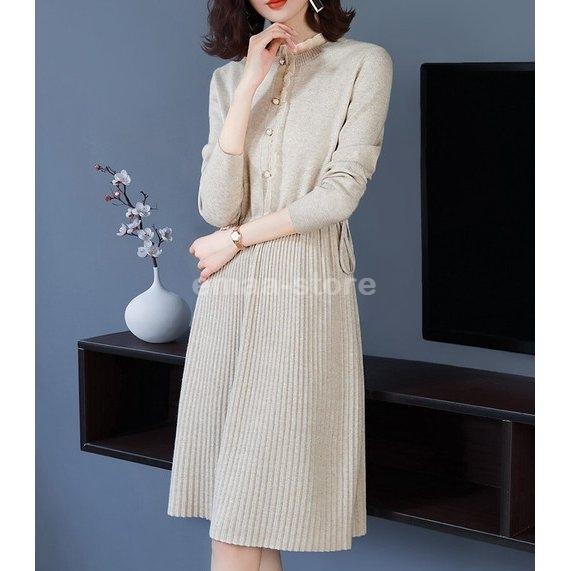 当店一番人気 レディース ワンピース ファッション 大人きれい ひざ丈 長袖 フリル スタンドカラー ニットワンピース 冬 30代 秋 上品 30代きれいめ 40代 50代 ファッション レディース ワンピース 30代きれいめ 40代 50代 ワンピース チュニック