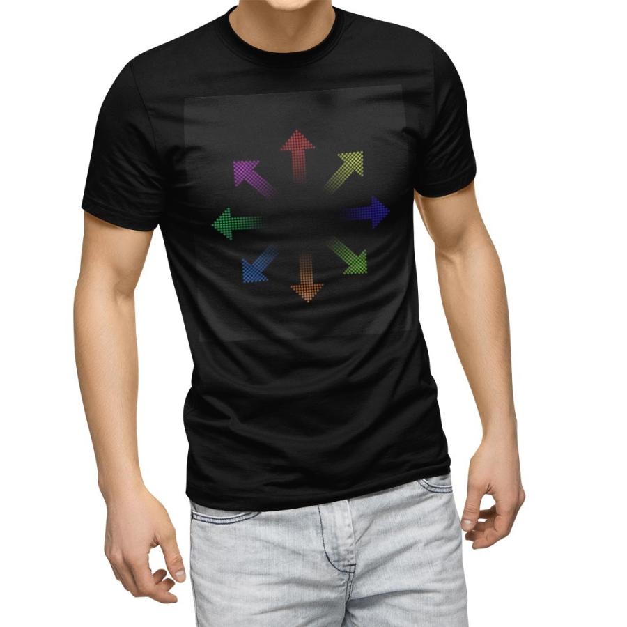 tシャツ メンズ 半袖 ブラック デザイン XS S M L XL 2XL Tシャツ ティーシャツ T shirt　黒  虹色　やじるし 000076｜emart