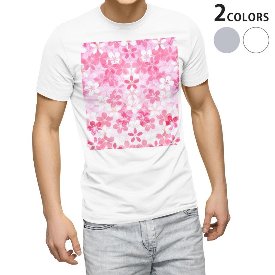 tシャツ メンズ 半袖 ホワイト グレー デザイン XS S M L XL 2XL Tシャツ ティーシャツ T shirt  桜柄　さくら　ピンク 000165｜emart