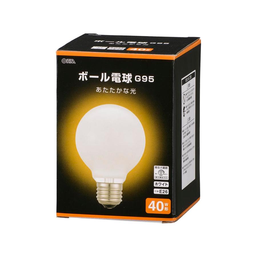 OHM（オーム電機） ボール電球 E26 40W形 G95 ホワイト LB-G9638K-WN