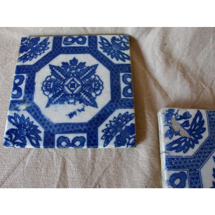 レア珍品 明治時代 陶製タイル 花文様 印版手陶板5枚 敷板染付 古