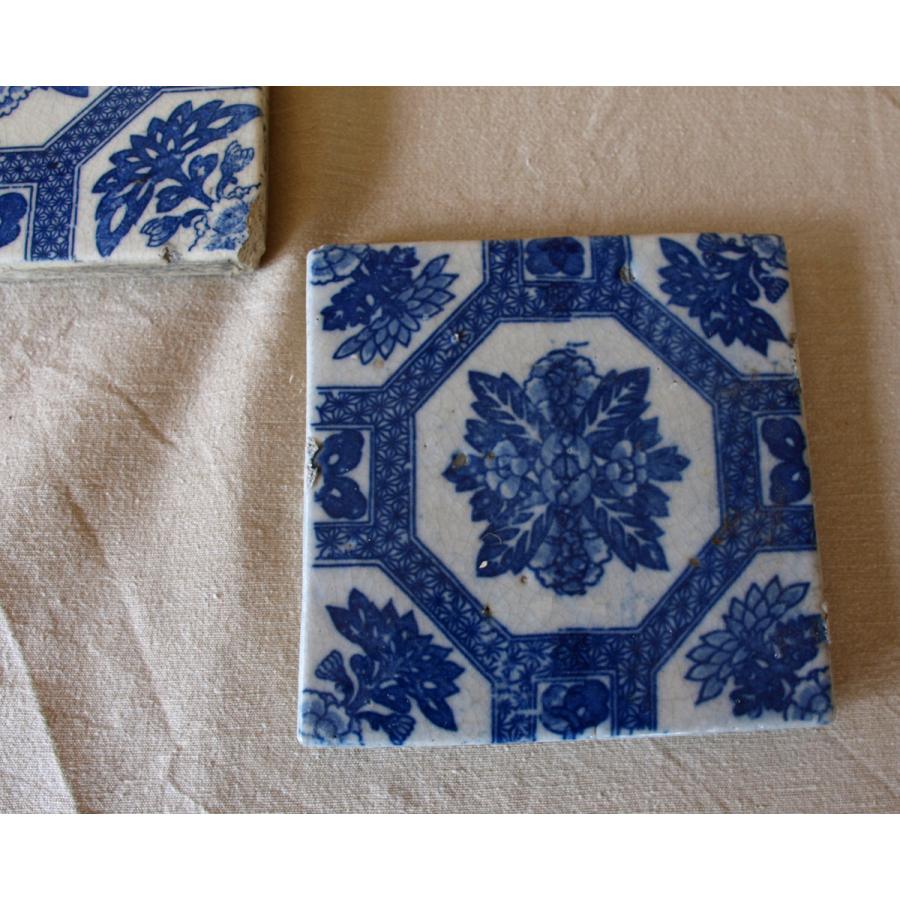 レア珍品 明治時代 陶製タイル 花文様 印版手陶板5枚 敷板染付 古