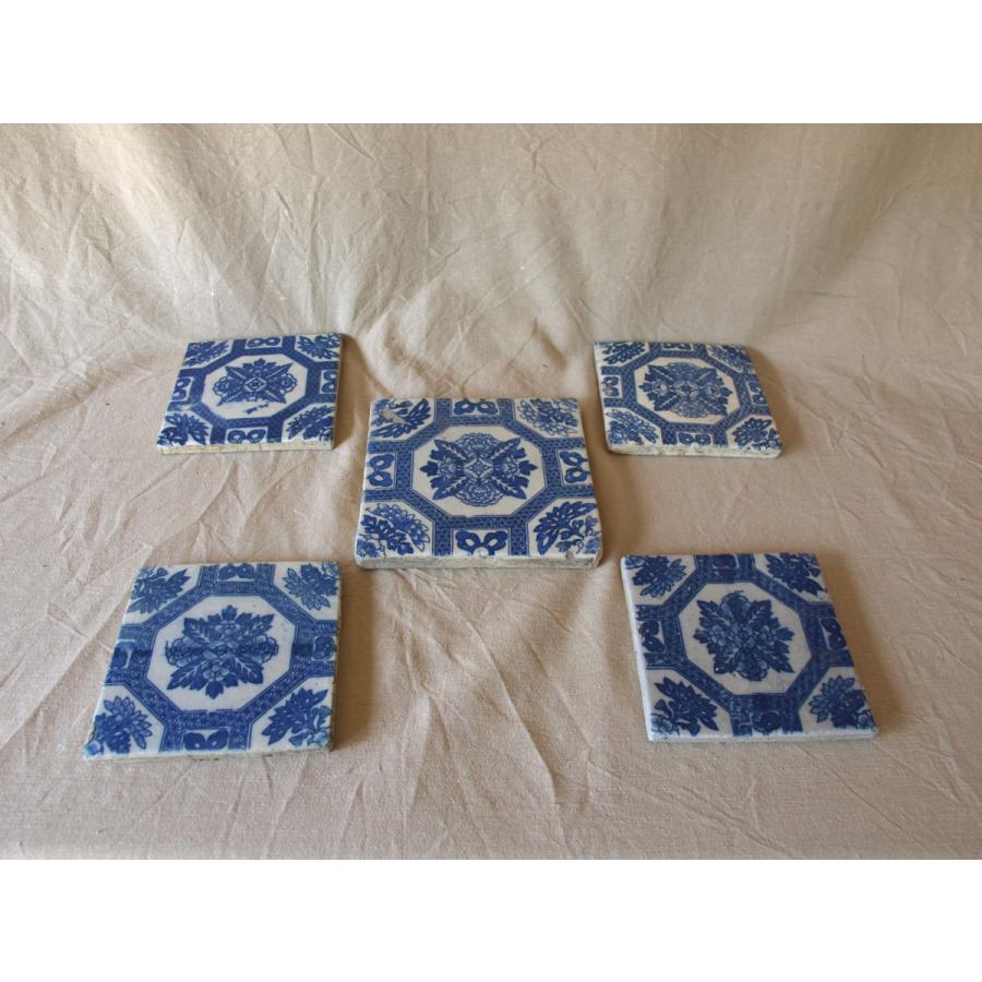 レア珍品 明治時代 陶製タイル 花文様 印版手陶板5枚 敷板染付 古