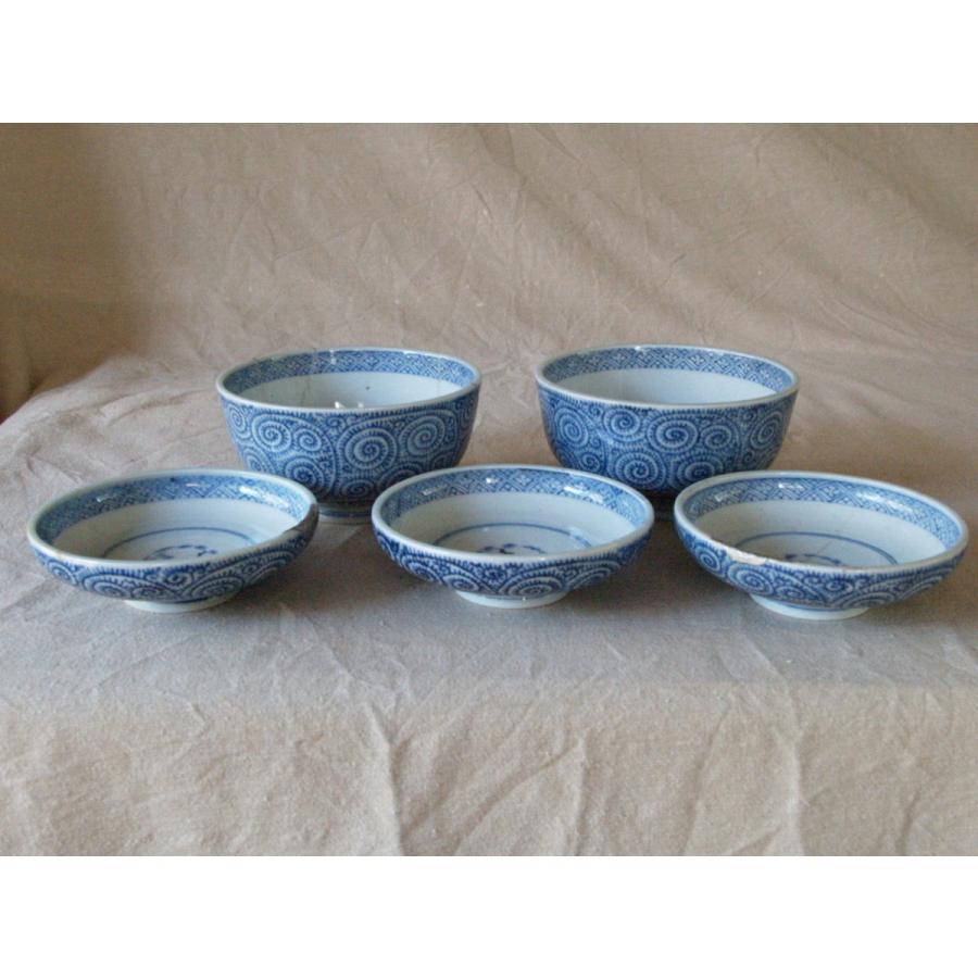 江戸時代 古伊万里 染付タコ唐草文茶碗セット13cm 大明年製 タコ唐草