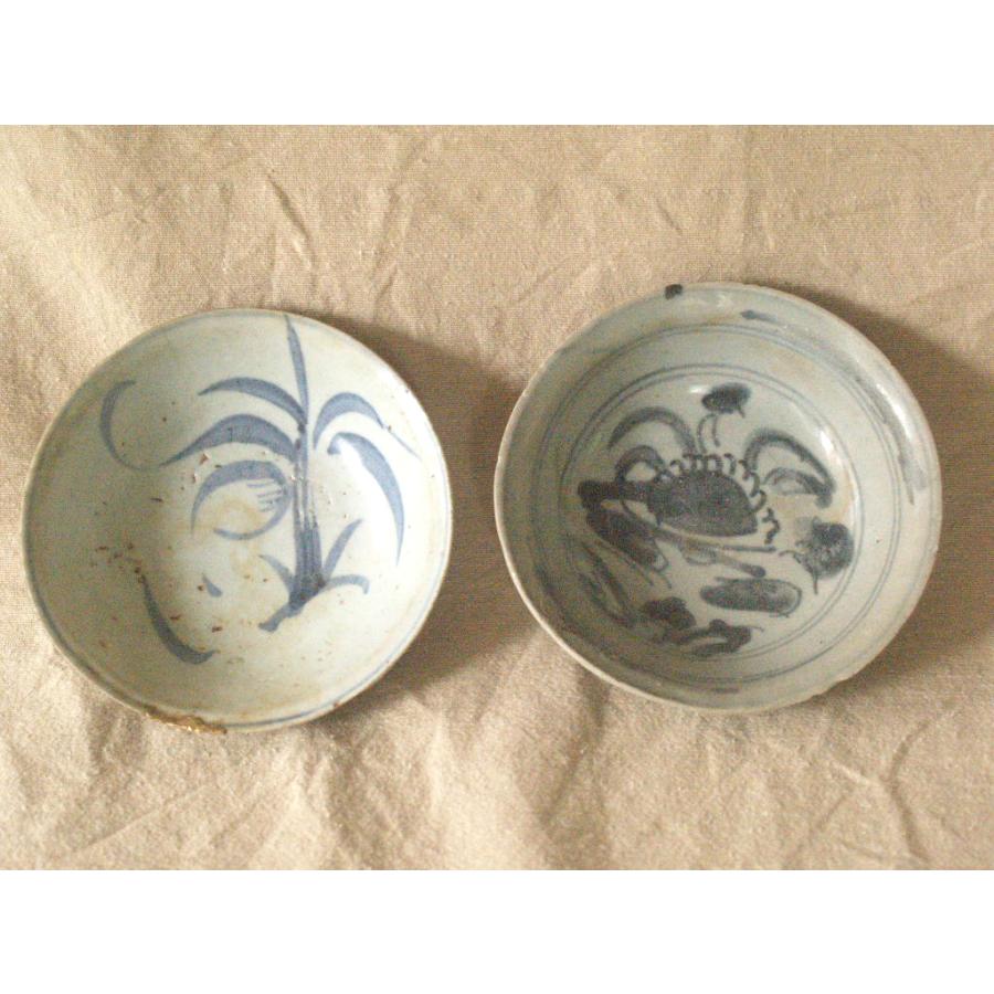 元 明時代 青花茶碗2種13ｃｍ 草花紋 中国古美術 アジア古陶器 検）古伊万里 茶道 花道