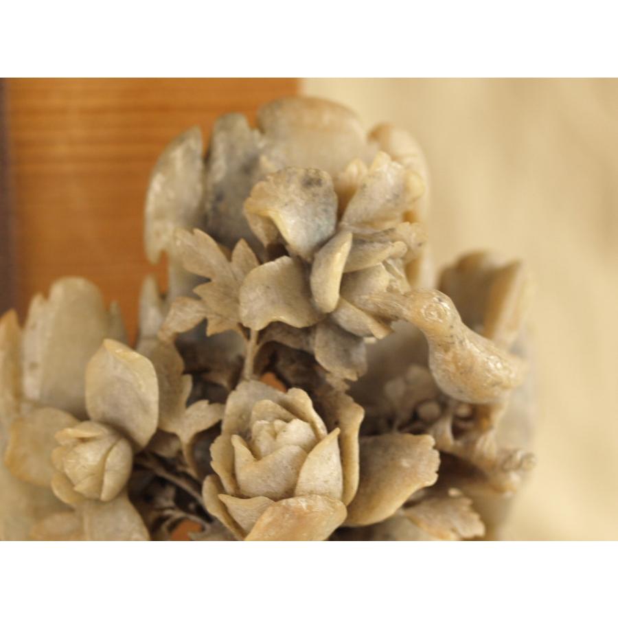 清時代 寿山石 鳥花紋 石彫置物20.5cm木箱付 中国古美術 古玩