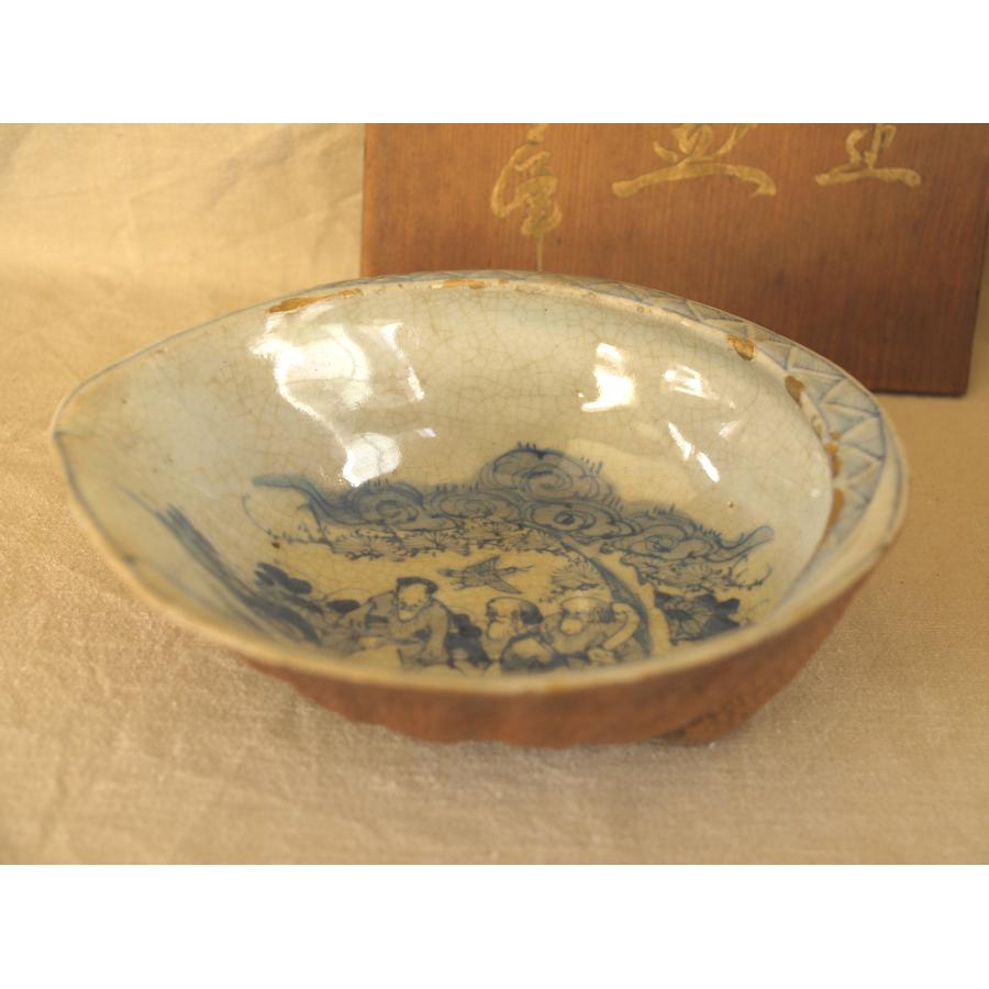 江戸時代 古伊万里 山水賢人図 古染付 鮑型菓子皿20cm刺身皿 変形皿