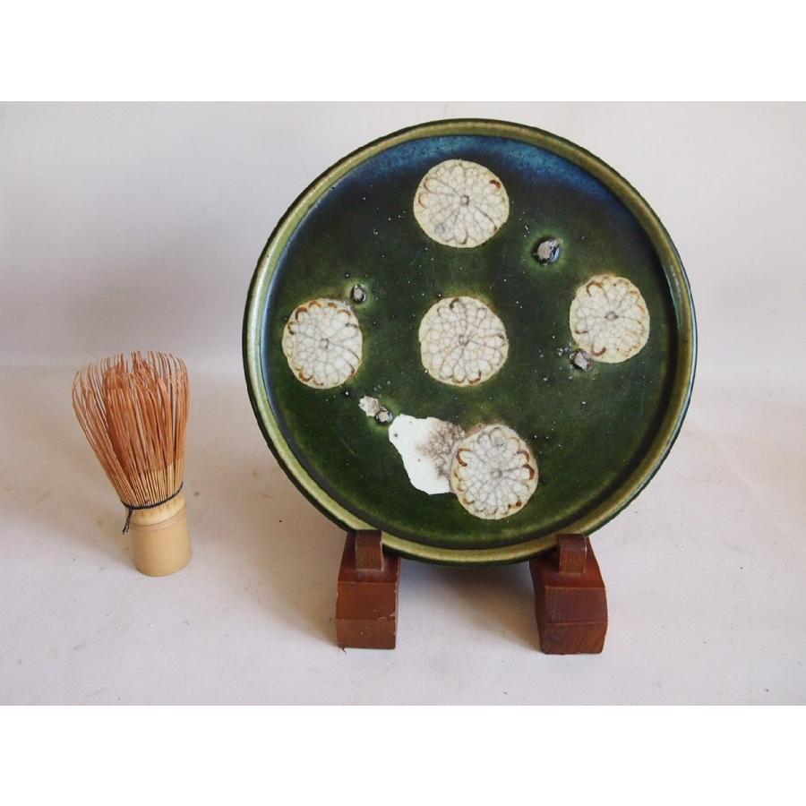 江戸時代 古織部 菊花紋行燈皿22,5cm888g 行燈台 木製スタンド付 用