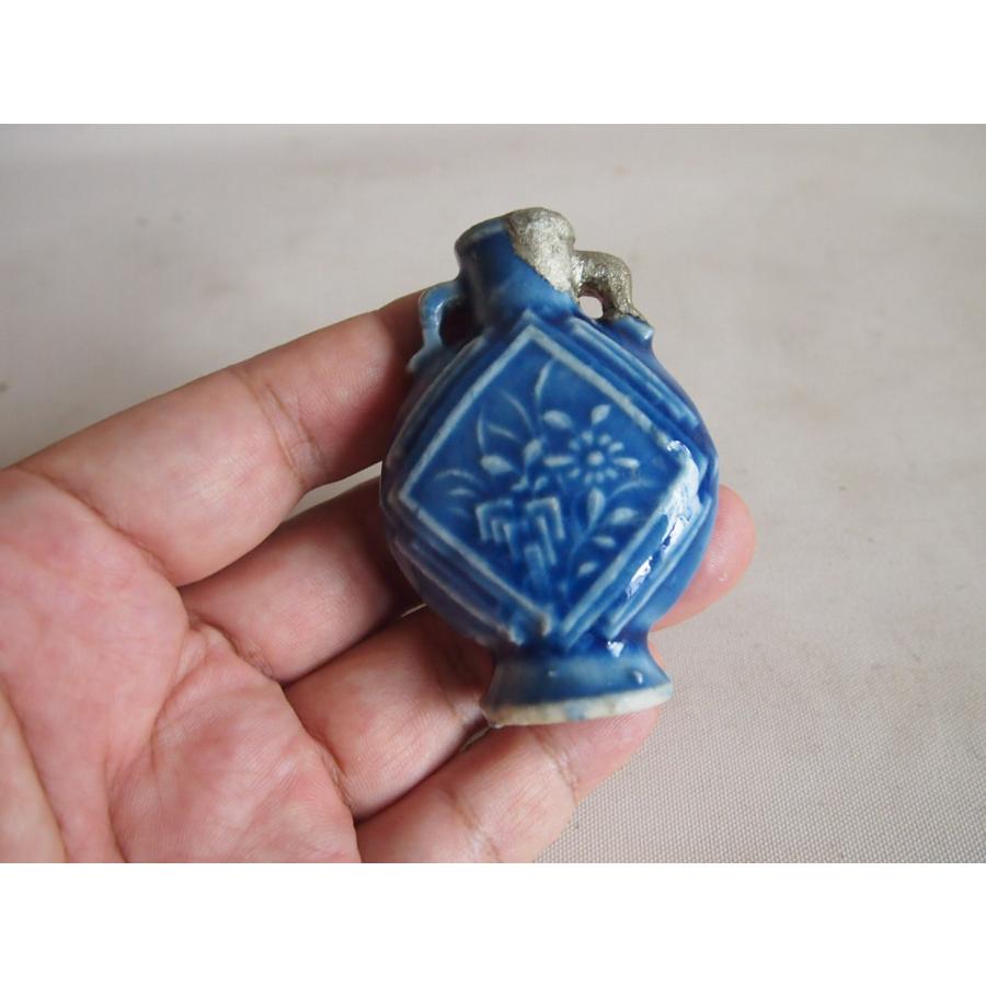 清時代 藍釉草花紋 鼻煙壺6.5cm 花器 花道 茶道 古陶磁 中国古美術