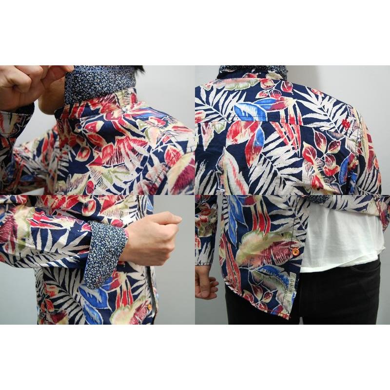 BAGUTTA 長袖シャツ ネイビー 花柄 結婚式 オケージョン 柄シャツ