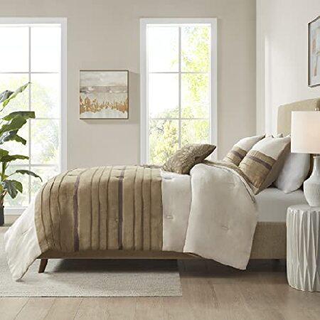 Madison Park Merie Comforter Set-Luxury Faux Suede Design, Striped Accent, All Season Down Alternative Bedding, Matching Shams, Decorative Pillow, Ful｜emiemi｜03